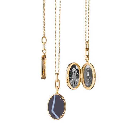Monica Rich Kosann Slim Lockets Elle Oval Yellow Gold and Agate Locket 44422 - Opened image number 2